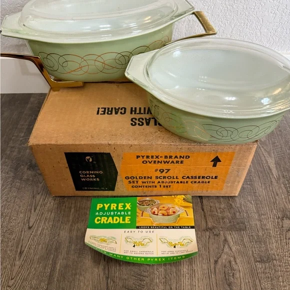1962 Vintage Pyrex Golden Scroll Casserole Set - Light Green with Gold Accents - Picture 2 of 9